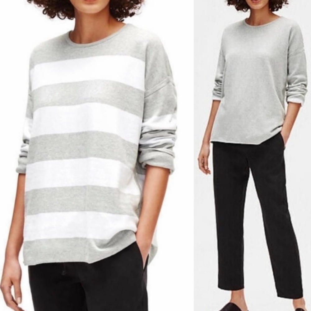 Eileen Fisher Coastal Prep Organic Cotton Stripe Sweater Gray White Reversible S